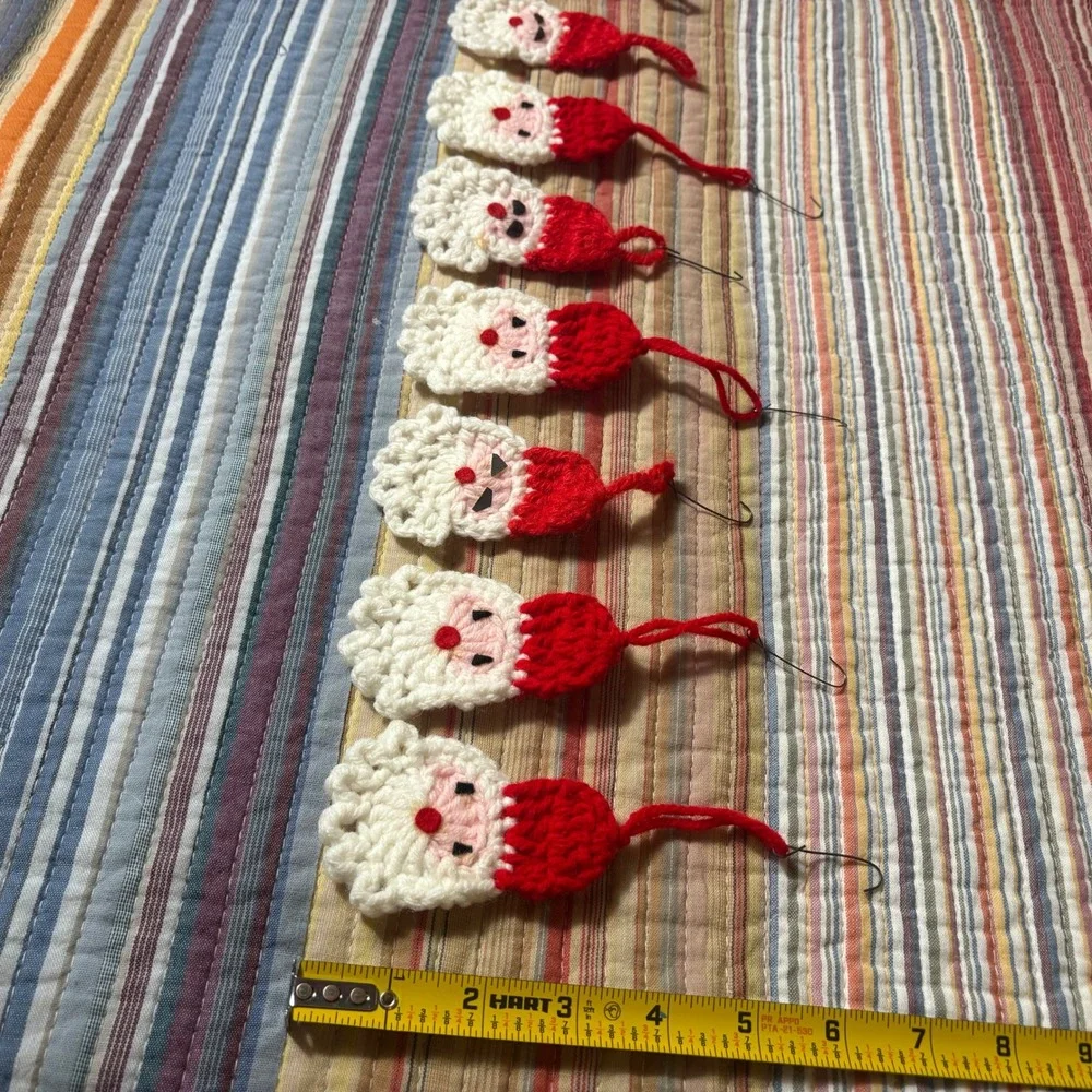 Vintage Handmade Crochet Santa Claus Christmas Ornaments Set of 8 Red White